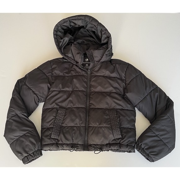 Aeropostale Cropped Puffer Jacket Womens XS Black Hooded Y2K Style Winter Coat - Picture 3 of 12